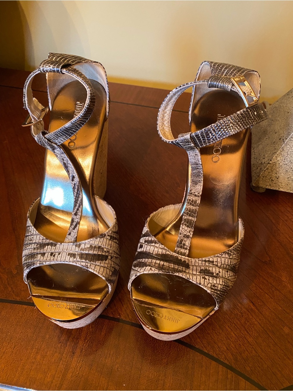Jimmy Choo Snake Print Taupe and Brown Textured T-Strap Platform Sandals
